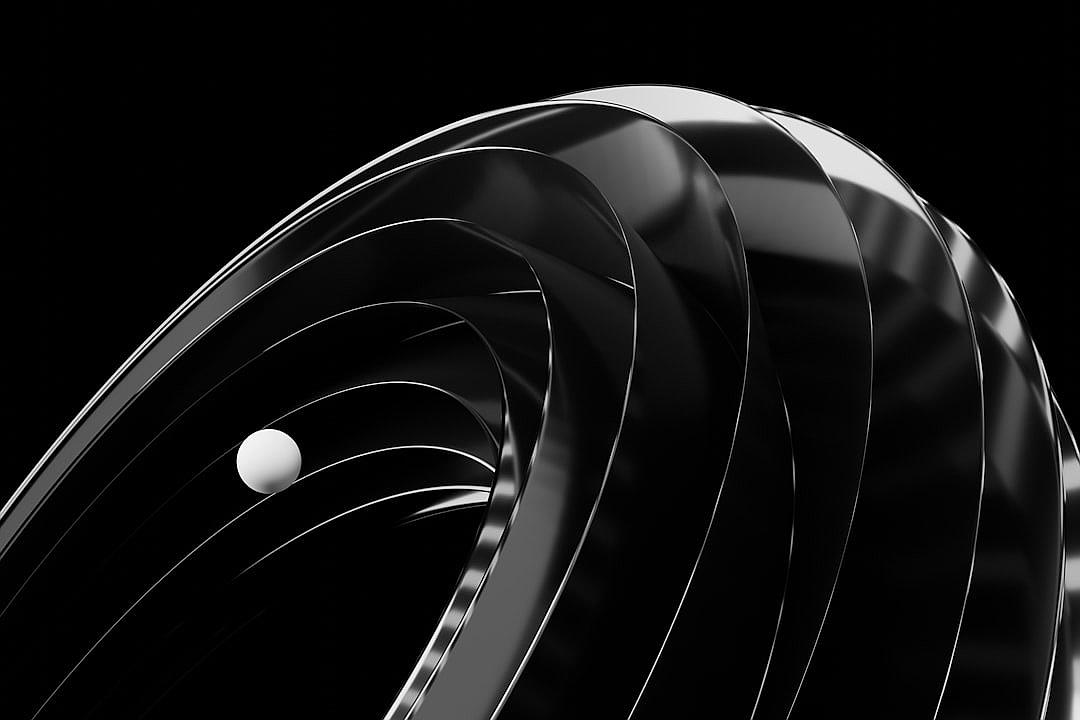 3D render with an abstract black background featuring shiny chrome wavy shapes and a white ball in the middle. The minimalistic design has an elegant and dynamic composition with a monochrome, metallic finish presented in high resolution with sharp focus under studio lighting and professional color grading.