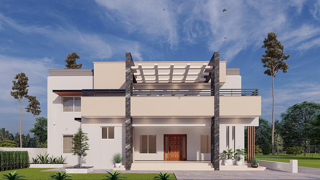 A modern two-story house with a flat roof in the Indian style of architecture. The facade is white and beige colored. There is an open space in front of the entrance for a car parking area. On one side there is a wooden door with a black frame. A small balcony on the second floor. Small plants and green grass near a concrete wall at the right corner. Blue sky background. An ultra realistic render in the style of realism.