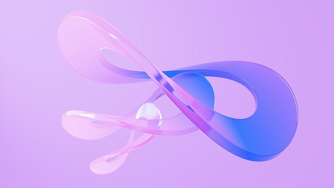 A purple and blue gradient background with an abstract shape of two intertwined ribbons in the style of a vector illustration. The simple form has a glass texture material and 3D rendering. The ribbon is curved in the middle to create three-dimensional curves, with high saturation colors. It has a light pink background color, soft lighting effects, and a minimalist composition in a minimalist style.