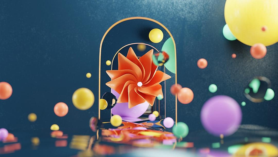 A colorful paper cutout flower inside an archway, surrounded floating balloons and abstract shapes on a dark background, rendered in the style of cinema4d with a simple composition, playful character design, bright color palette, and a sense of playfulness.