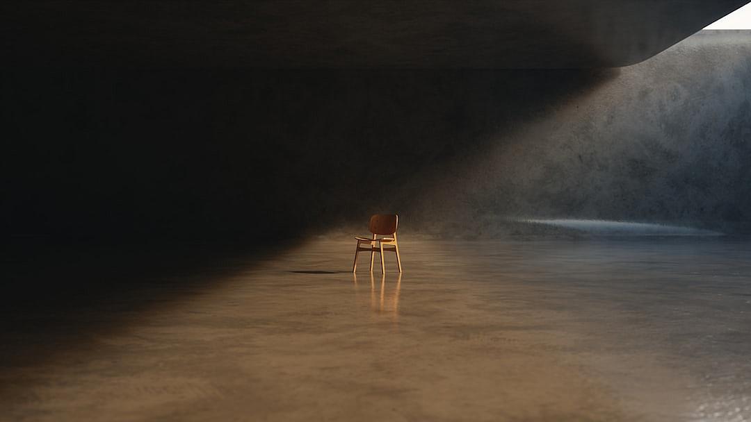 A chair in the center of an empty room, dark gray concrete floor, light coming from above, photorealistic, cinematic