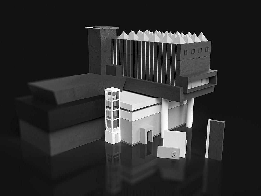 A black and white 3D model of the National Theatre in London, on an all black background, with some elements of architectural design. The building is designed in the style of [Zaha Hadid](https://goo.gl/search?artist%20Zaha%20Hadid). There is also a paper box in front of it that has been cut to shape. Between these two objects there is another structure made out of metal. This other object contains a door into which you can see a small window. It stands at right angles to its surroundings.