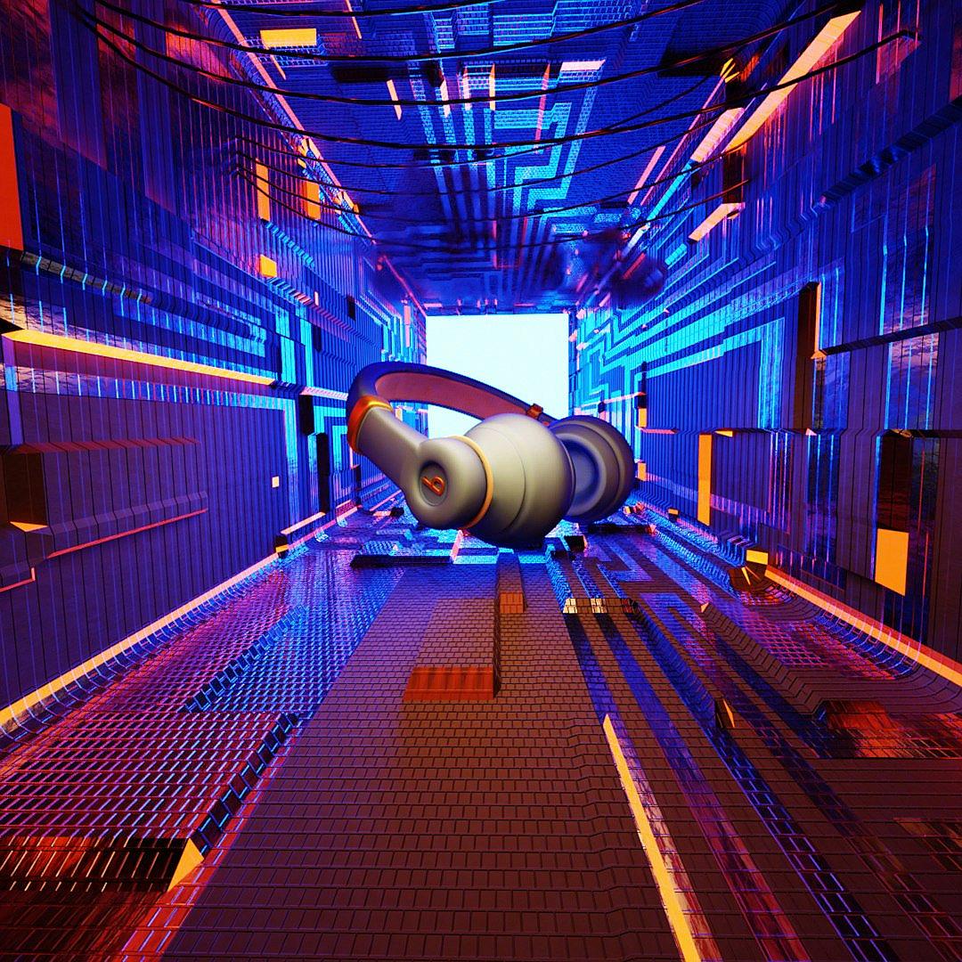 3D render of an abstract floating spaceship in an endless grid room with LED lights and blue, purple, orange neon lighting in the style of different artists.