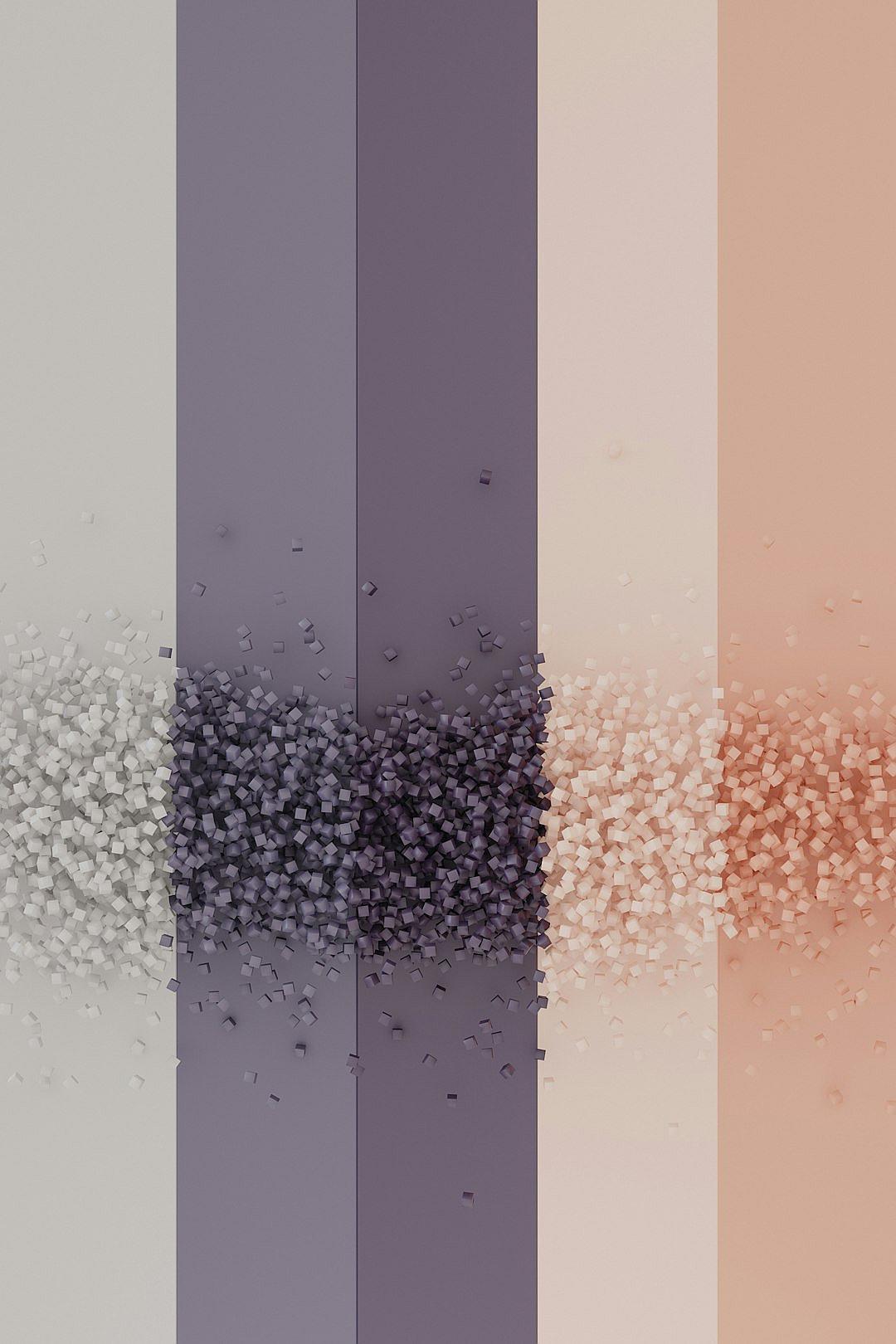 a minimal color palette with three vertical stripes in different shades of grey, light purple and peachy, each filled with tiny white particles resembling snowflakes or seeds