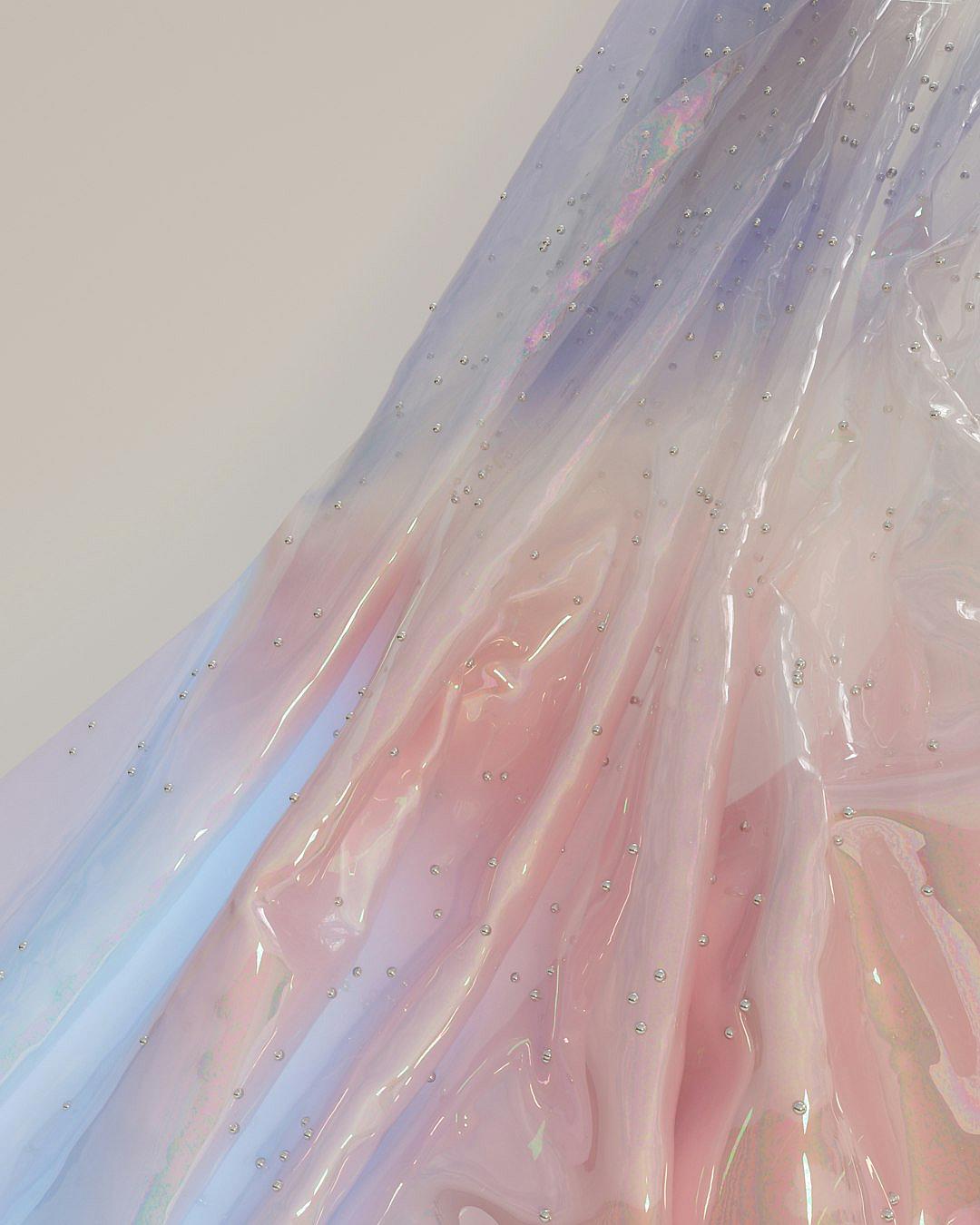 a close up of the top part of an iridescent pastel pink and blue wedding dress with crystals on it, on white background, digital art by kawaii anime style, pastels, pearlescence, pearervative, holographic, iridescence, irindes, shimmers, hologram fabric texture, high resolution, hyper realistic, soft focus, studio lighting, fashion photography, kodak film, shot from above, beautiful, dreamy, shimmering