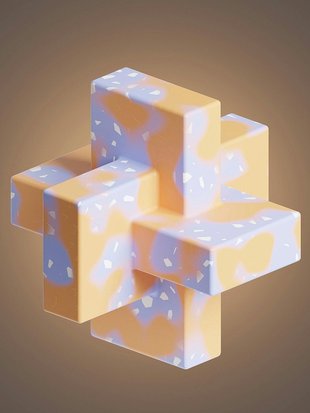 isometric rendering of an abstract puzzle with three cubes made from pastel orange, blue and yellow colors. Each cube is covered in a light marbled pattern. The background color should be a muted brown. The overall aesthetic should convey a sense of calmness or tranquility, with soft lighting to highlight the texture details on the surface of each block, in the style of a minimalist artist.