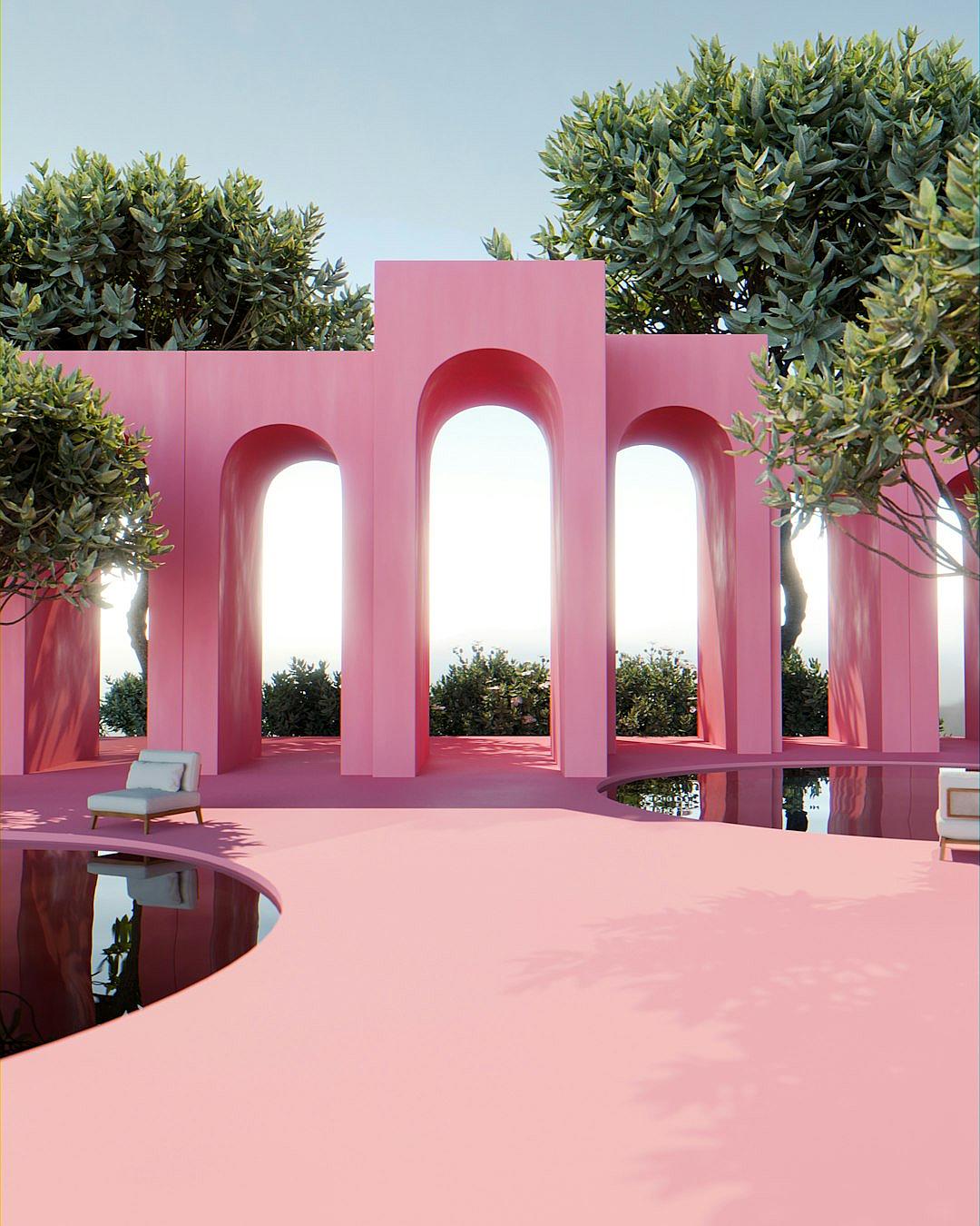 pink arches, pink pool outside with green trees and chairs, bright daylight, minimalistic architecture, pink walls, perspective, render,