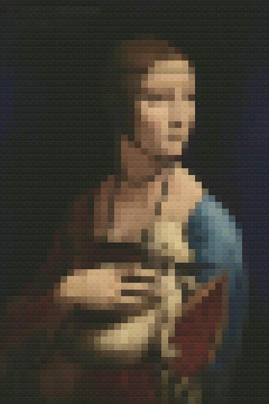 Mona Lisa, made of Lego blocks, in the pixel art style, on a dark background, at a high resolution