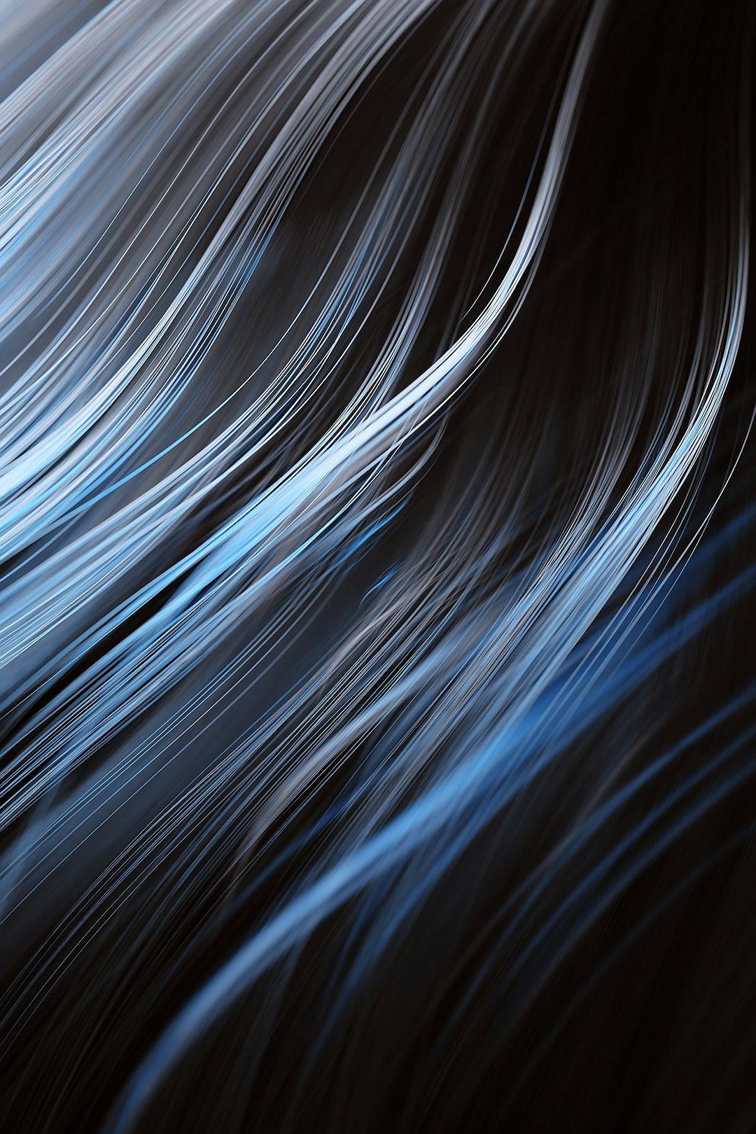 Abstract blue and white lines on a black background, with a blur effect and dark tone, light shining through and flowing shapes in the style of modern art. High resolution professional photography. High quality closeup photos of hair and skin texture, with professional color grading, soft shadows and clean sharp focus without contrast. The background is a simple gradient from deep navy to purest silver.