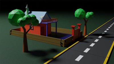 low poly game art, a small red and blue house with a wooden fence in the middle of an empty road, green trees on both sides of the road.