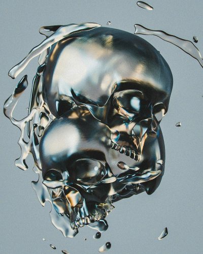 A hyperrealistic oil painting of two shiny chrome skulls floating in midair, surrounded by swirling liquid metal that reflects their shape and the surrounding environment. The skulls have intricate details visible under bright light, creating an illusion where they seem to be melting together. This scene is set against a simple background with minimal elements for focus on texture and lighting effects.