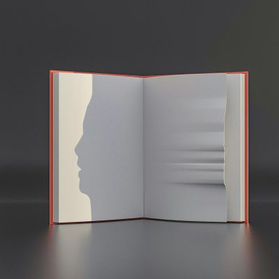 The open book is made of paper, with the shadow of an outline shaped like a woman's face on it. The color scheme includes red and white, and there is no background in the high-definition photography. It has a gray gradient background. This is a hyperrealistic rendering with an ultra-high definition resolution. In perspective view, the overall composition presents a simple yet elegant style.