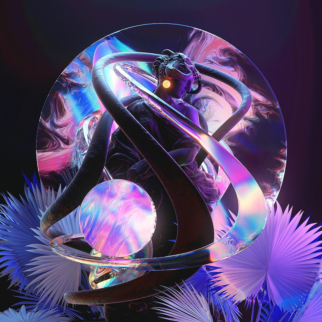 3D render of a surreal abstract female figure entwined with swirling neon lines and iridescent patterns, floating above an opalesque crystal ball surrounded by palm leaves, all under soft lighting with a purple background, creating an otherworldly atmosphere.