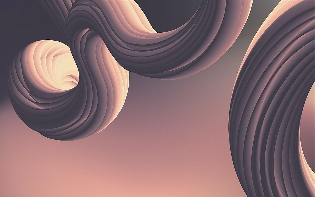 A digital art piece featuring an abstract background with swirling, curved lines in shades of grey and brown against a soft pink gradient sky. The composition includes the lower left corner filled with two large, semicircular shapes that appear to be floating or spinning, creating depth and movement within the minimalist design. This is set against a light purple color backdrop in the style of minimalism.