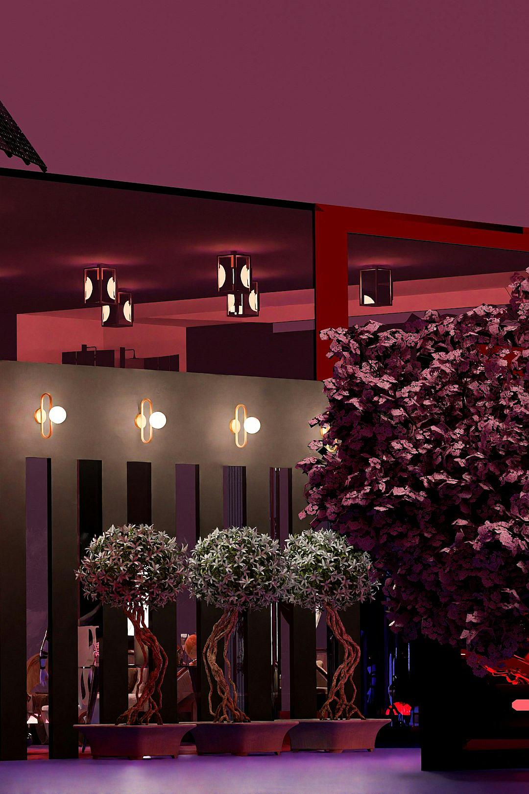 modern red and purple outdoor night club, front view, architectural rendering, interior design, dark mood, plants, flowers, lights, stage, architectural magazine photography