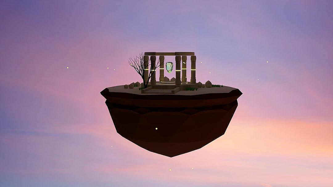 A simple low-poly model of an ancient temple floating in the sky at dusk, with a small window on one side showing the inside and a single door as an entrance, set against a pastel purple background. The scene includes two trees growing from under its base. A screenshot for a virtual reality game.