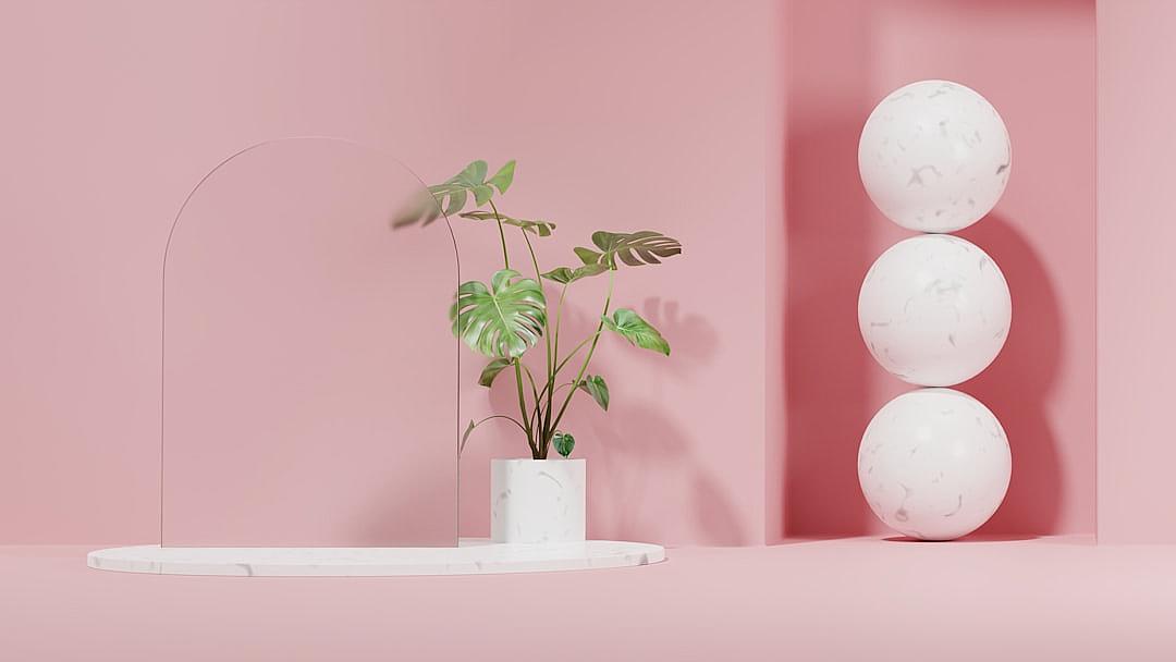 A minimalist scene with three spheres of marble stacked on top, a potted plant in the center, and an arch-shaped glass screen at one end, all set against a soft pink background. The composition is simple yet elegant, focusing attention to the plants within the sphere. Soft lighting creates gentle shadows that accentuate textures and forms, adding depth to the minimalistic setting. This image symbolizes simplicity, nature-inspired design, and clean aesthetics in the style of minimalist art.