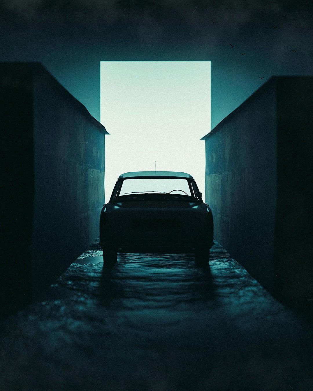 a car is seen in the distance, a dark room with an open door leading to it, cyan and black, 80s minimalism, surrealistic elements, symmetrical composition, volumetric lighting, by wong karwai, by [Petra Collins](https://goo.gl/search?artist%20Petra%20Collins), low key