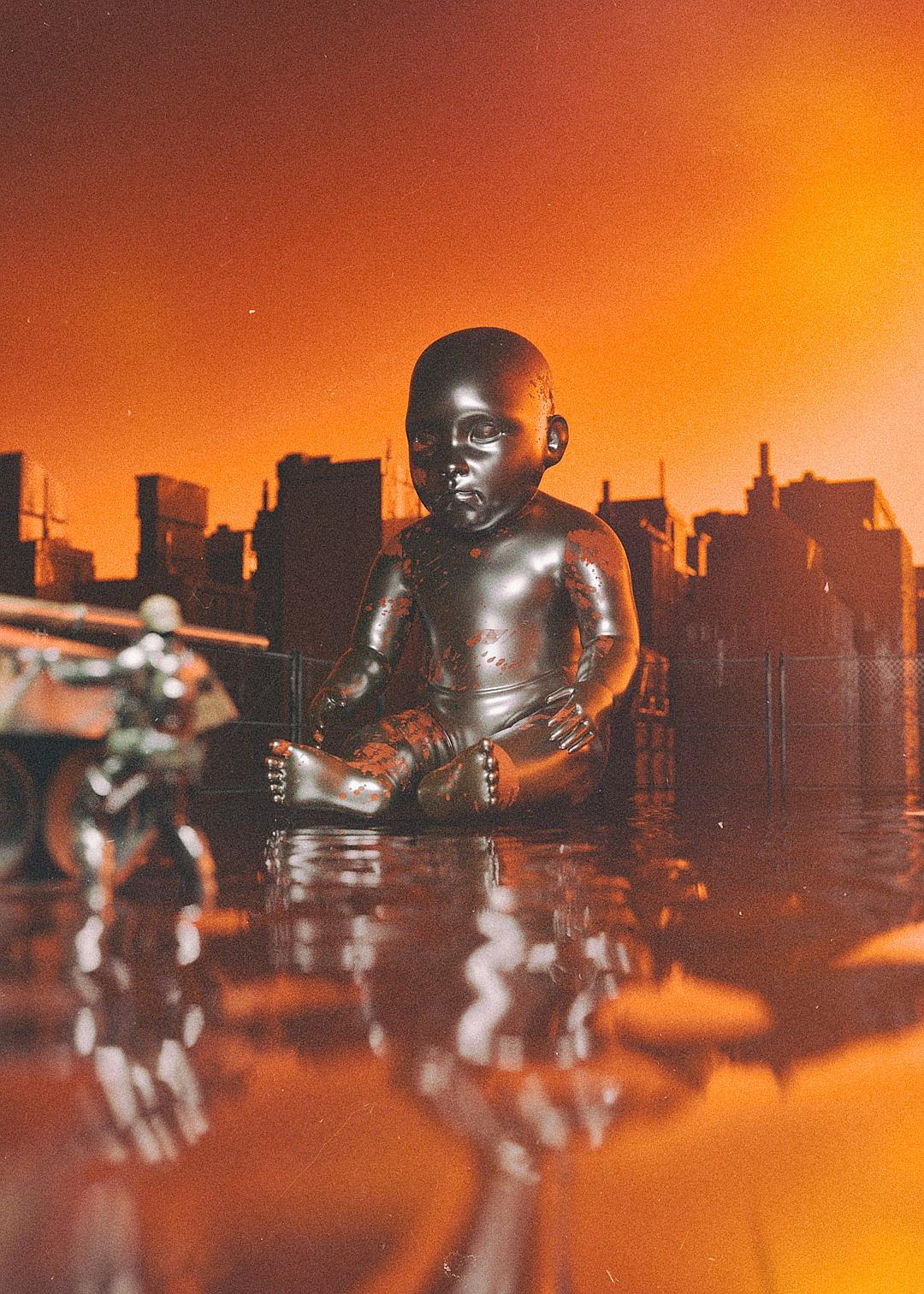 A dark gray African American baby doll sits on the surface of water, surrounded by black stormtroopers and city buildings. The orange sky background creates an atmosphere of tension. This photo was taken with Kodak film, presenting high definition images. It has a cinematic feel, and every detail is clearly visible in the picture. The style of the image is reminiscent of a film still, in the style of a classic director.