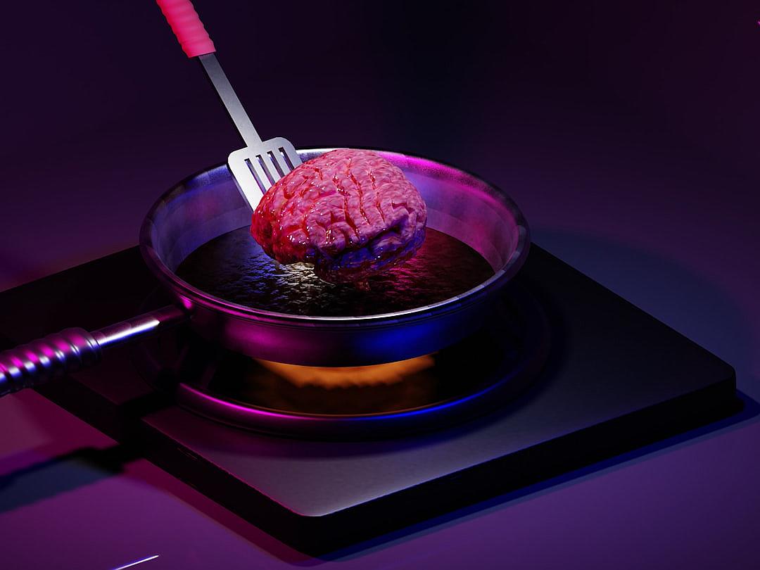 A hyperrealistic photo of an electric hot plate with the bottom half filled with oil, and on top is a large pink brain being fried in it in the style of one metal fork with red handle, dark purple background, studio light, cinematic.