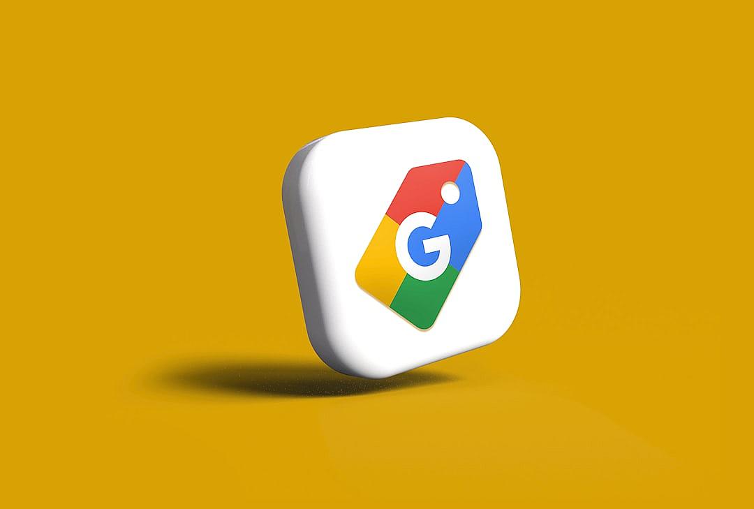 A refined and professional app icon design for the web, featuring the google tag logo in white on an isolated yellow background. The piece is a detailed 3D rendering with realistic lighting effects that highlight its sleek shape and vibrant colors. It showcases a minimalistic yet captivating aesthetic, perfect as a symbol of innovation and technology.