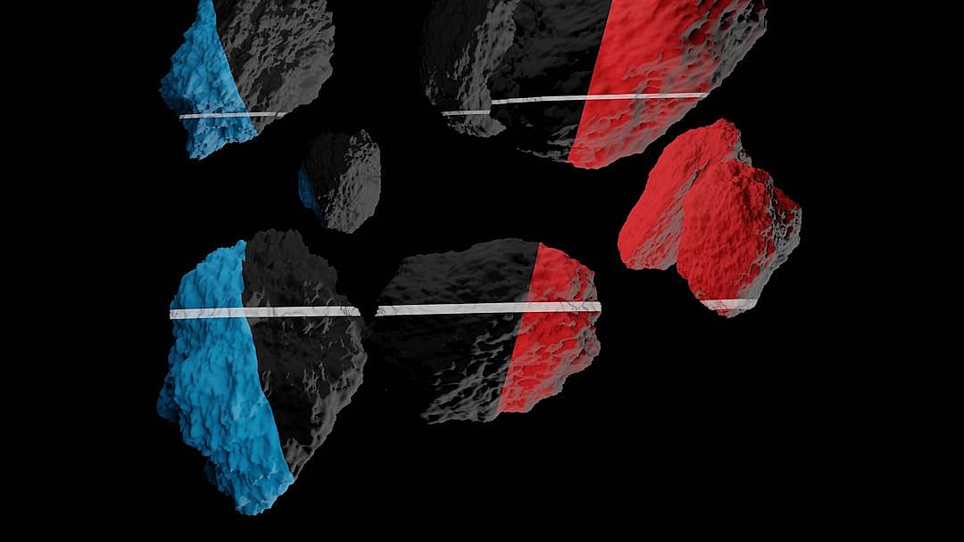 A black background with three rocks in red, blue and grey colours, each rock has one white line going through it, 3d render style, minimalistic, simple design,