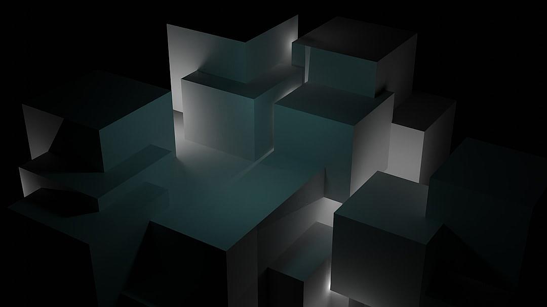 A dark room with cubes of different sizes and shapes, illuminated by soft light. The cubes create an abstract background that suggests depth or the illusion of three-dimensionality. There is space between each cube for text or other elements to be placed on top of them. This design could evoke themes like minimalism, modernity, creativity, technology, advertising, architecture, product display, graphic art, or digital media in the style of modern abstract art.