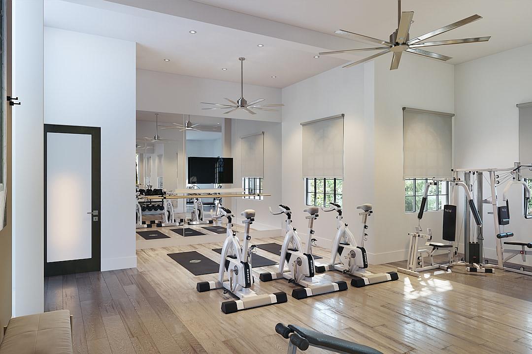 A modern home gym with high ceilings, white walls and light wood floors, equipped with advanced fitness equipment including electric shoulder presses, weight machines, cycle machine, ceiling fan in the style of St Lucia, white and black colors, no windows, no doors or mirrors, minimalist design with clean lines and a straight-on perspective view in high resolution photography.