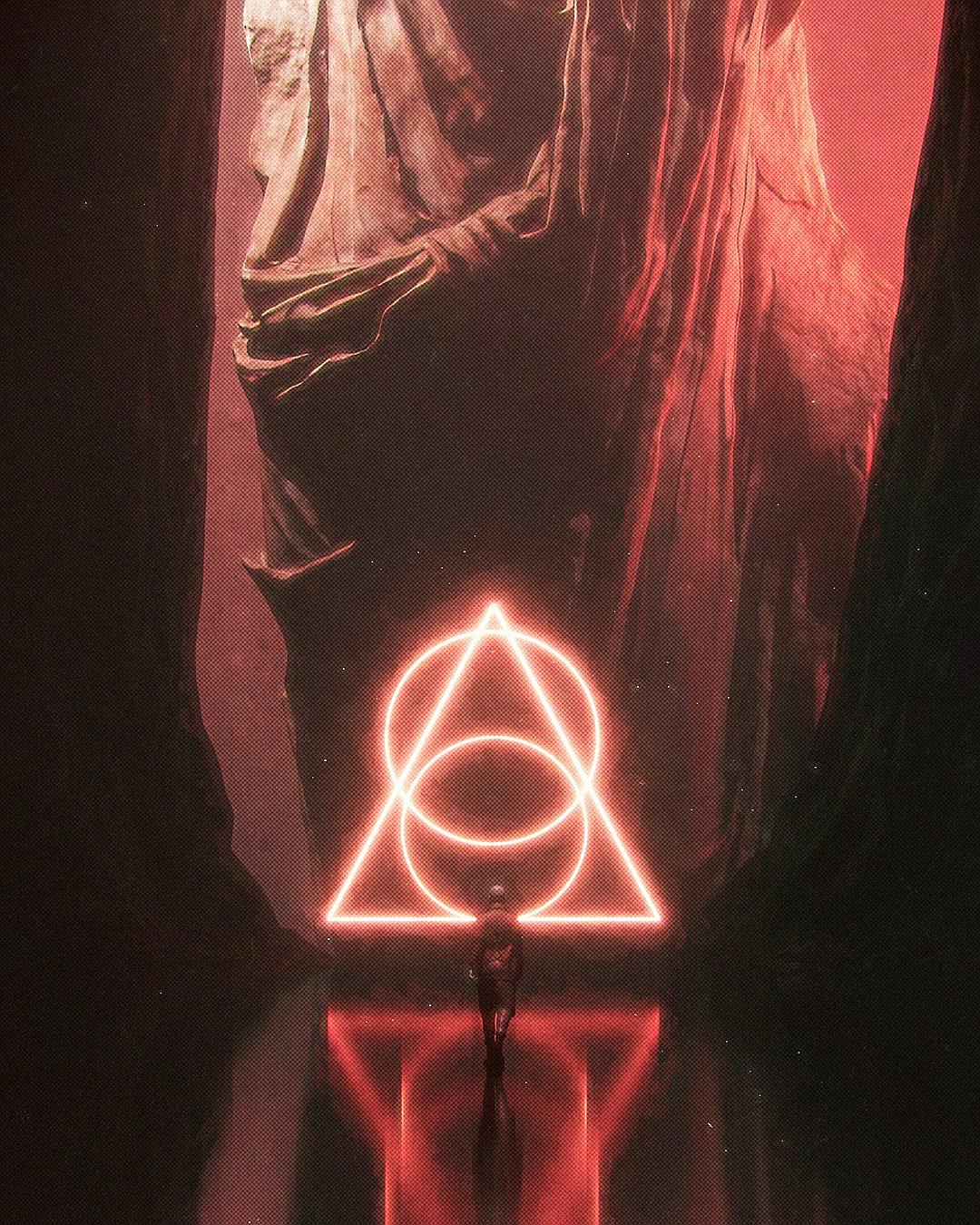 A red glowing triangle made of neon floating above an ancient stone statue in the dark. Inside is reflected another small person standing on their head, in the style of a fantasy illustration art.