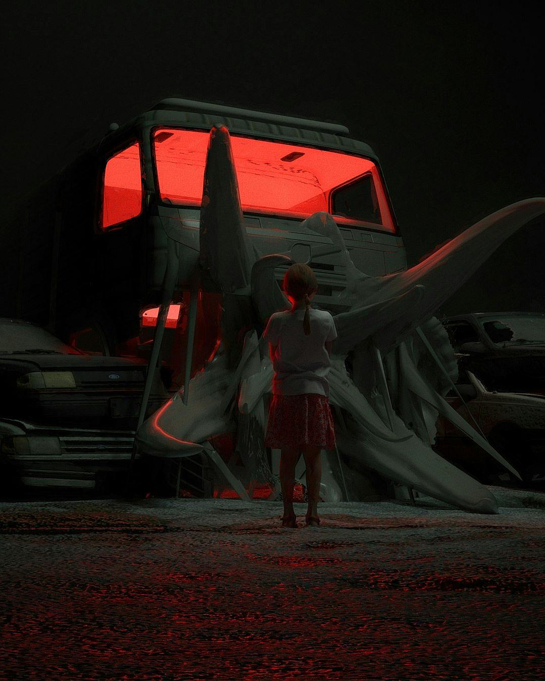 3D scene, side view, woman standing in front of truck with wings and red light inside the back door, Gray background, Gray foreground, Black matte texture, in the style of [Goro Fujita](https://goo.gl/search?artist%20Goro%20Fujita), in the style of [Peter Gric](https://goo.gl/search?artist%20Peter%20Gric), in the style of Tatsuya Tanaka, in the style of [Simon Stålenhag](https://goo.gl/search?artist%20Simon%20St%C3%A5lenhag), soft lighting, wide shot, hyper realistic, cinematic, wide angle, low contrast, dark color grading, octane render