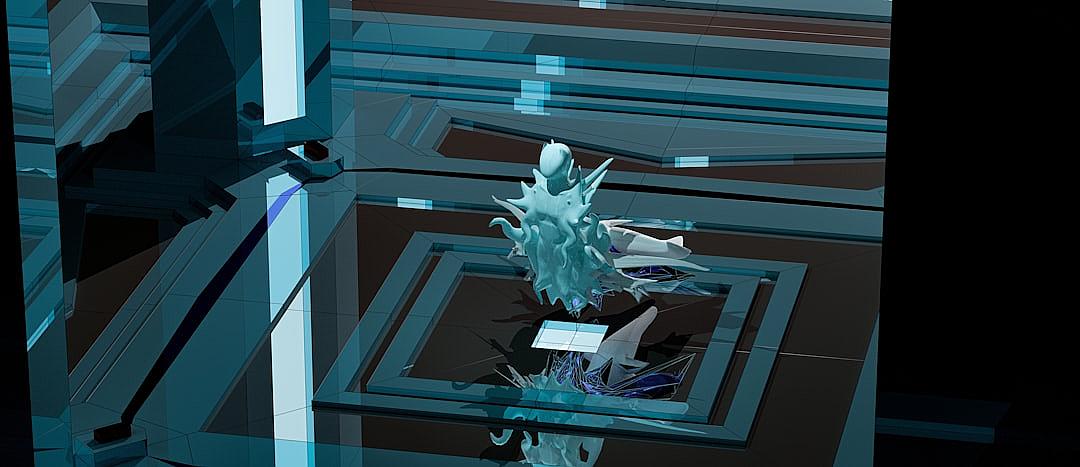 Isometric view of a holographic dragon, white color with blue details, floating in the air inside a black and glass box on top of tall stairs in a cyberpunk environment, designed in the style of [Atey Ghailan](https://goo.gl/search?artist%20Atey%20Ghailan) and J C Leyendecker.