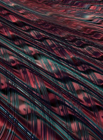 A digital art piece featuring an abstract pattern of dark red and green lines, creating the appearance of flowing fabric with subtle folds. The background is a dark purple, adding depth to the composition. This artwork captures movement in stillness in the style of using lines that appear like thin threads or wires, giving it a three-dimensional effect. It's perfect for use as a wallpaper or texture backdrop, offering visual intrigue without being sparse.