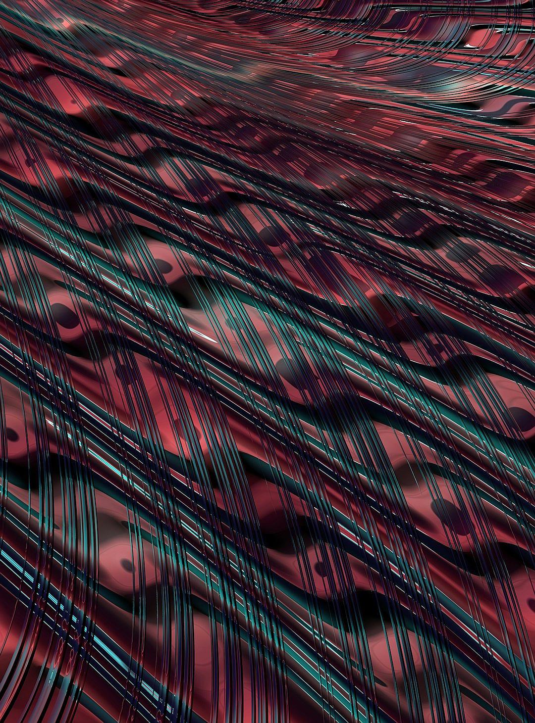 A digital art piece featuring an abstract pattern of dark red and green lines, creating the appearance of flowing fabric with subtle folds. The background is a dark purple, adding depth to the composition. This artwork captures movement in stillness in the style of using lines that appear like thin threads or wires, giving it a three-dimensional effect. It’s perfect for use as a wallpaper or texture backdrop, offering visual intrigue without being sparse.