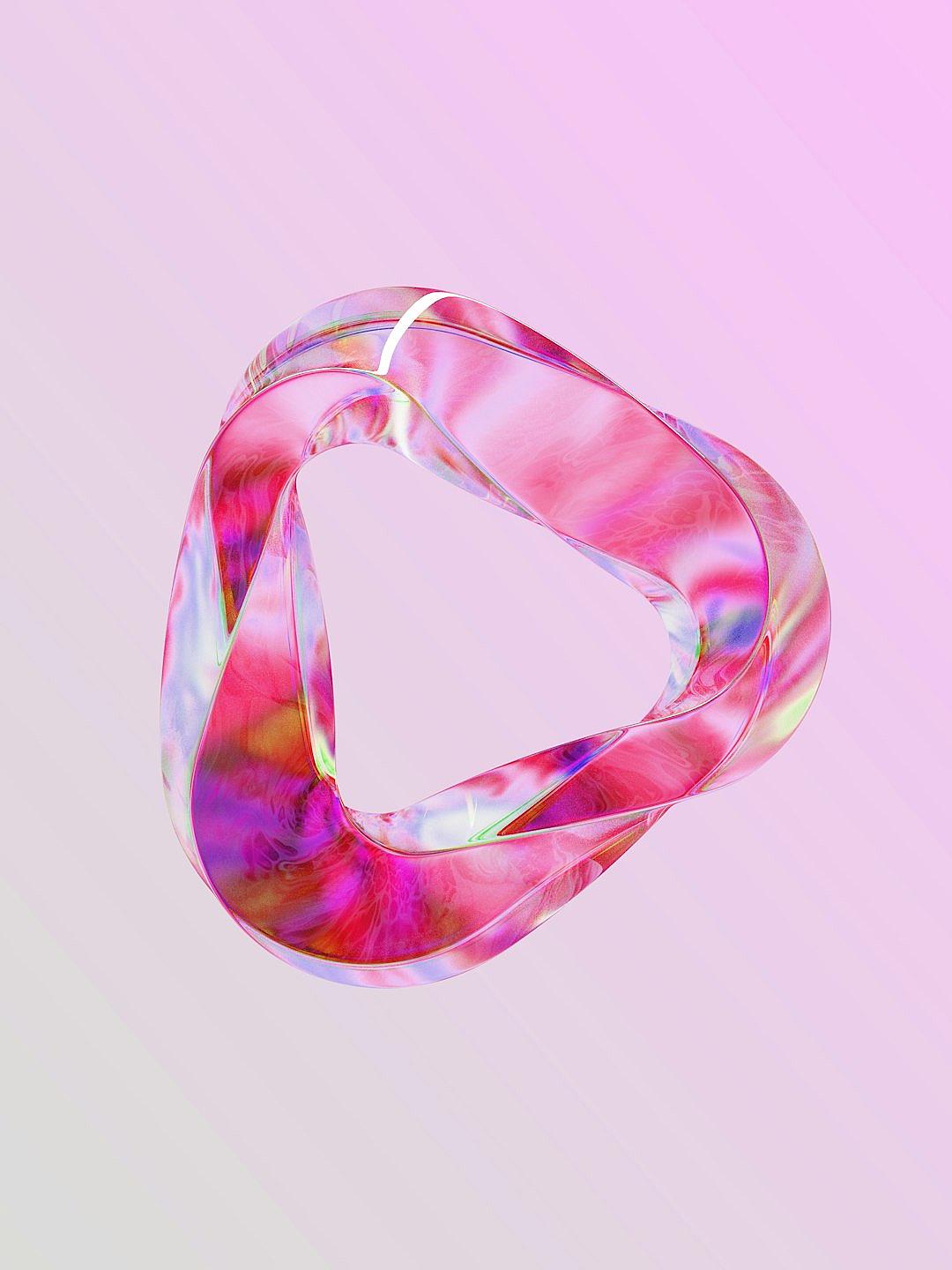 A pink glass ring with an irregular shape floating in the air against a pink background in a top view with a futuristic style and soft light displaying holographic rainbow iridescent colors in the style of digital art and 3D rendering.