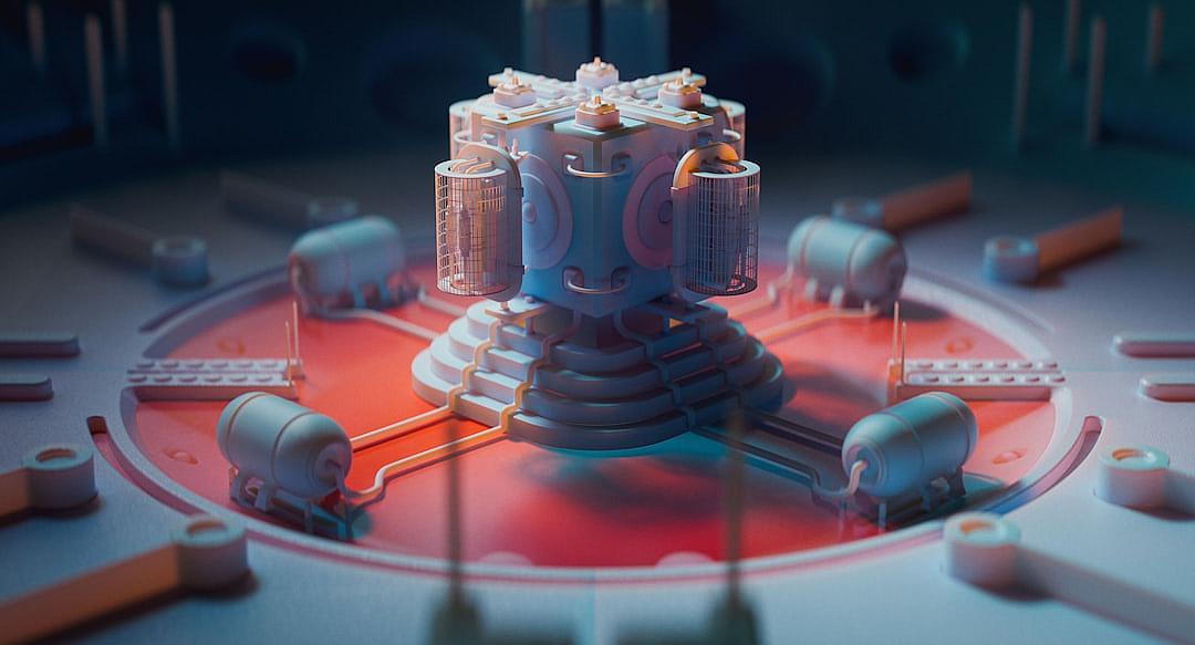 A central core of futuristic machinery, surrounded by small mechanical parts and cables, with a focus on an open circle at its center, all rendered in isometric perspective. The background features a gradient from light blue to dark red, creating depth and contrast. Rendered in the style of hyperrealistic details using the Octane render engine.