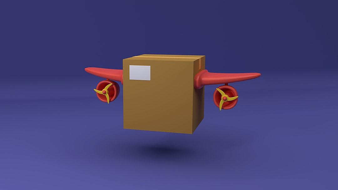 3D cartoon cardboard box with red wings flying in the air, in the style of Pixar, simple background, purple color palette