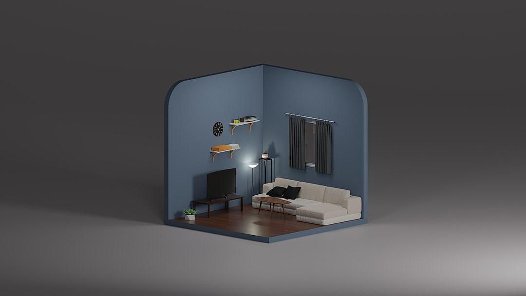 3D isometric interior of a small living room, minimalistic, simple design with dark blue walls and a grey floor. Simple furniture includes a sofa, TV stand, coffee table, window with curtains, lamps, and a potted plant. Wall art is on the left side in the style of minimalism. A simple style with solid background colors and low poly modeling with simple lighting. The scene was rendered in Blender.