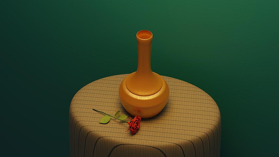 3D rendering of an orange vase on top of the table, green background, simple lines, a rose lying next to it, a small round gold ring around the neck bottle mouth, a red flower is placed at its base, dark yellow and light brown color scheme, minimalist style, circular patterned cloth in beige, geometric shapes and lines, studio lighting, C4D software, blender, high resolution, in the style of minimalism.