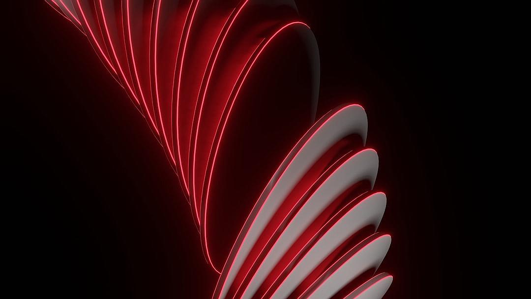 abstract red light lines on a black background, a curved white sculpture in the shape of wings in the style of, 3d render, minimalistic design, simple shapes, dark atmosphere, volumetric lighting, close up shot, side view