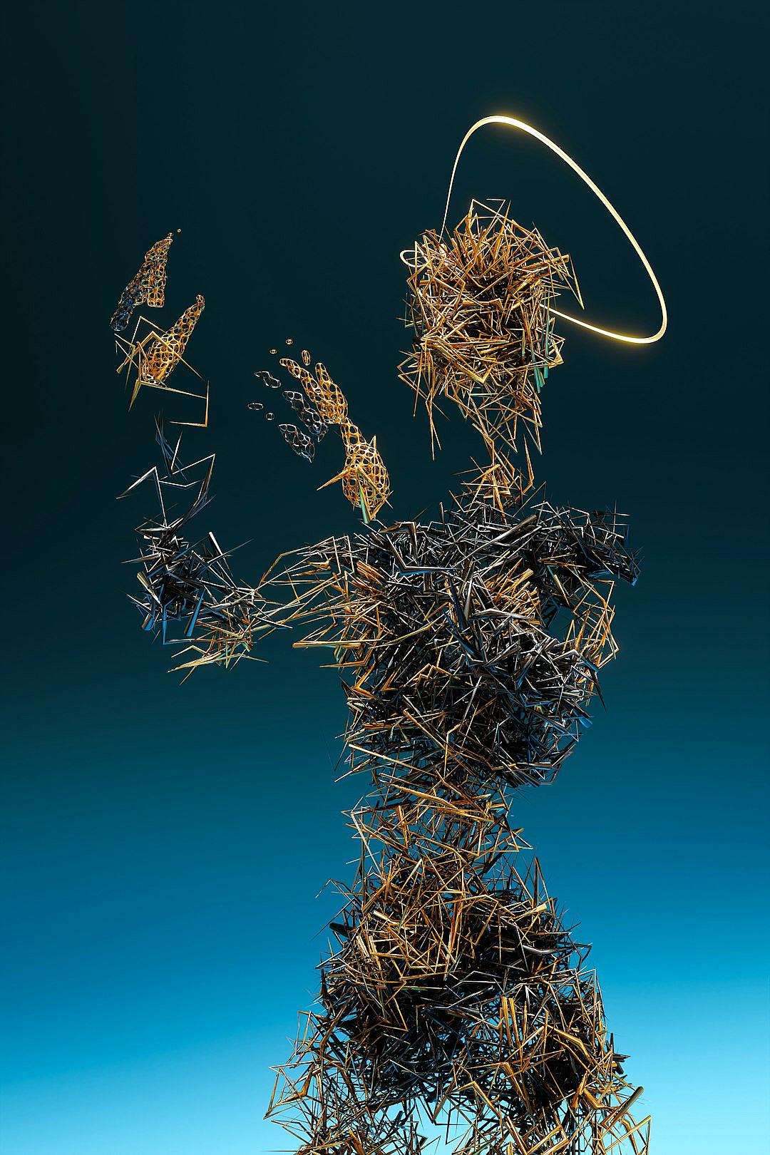 Sculpture of an angel made from slender, interlacing steel wires and straw with a golden halo floating above its head, in a dynamic pose, against a blue background, detailed and realistic.