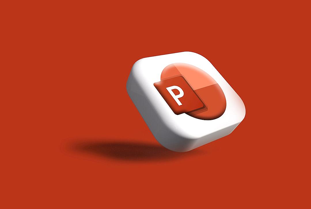 An icon of the PowerPoint logo, with the P colored red and an orange background color. The button should have white edges and a smooth surface like plastic or glass, with no shadow. It flies in front of you at a close range, as if flying towards your hand. In a perspective view with 3D rendering and soft lighting, in the style of PowerPoint.