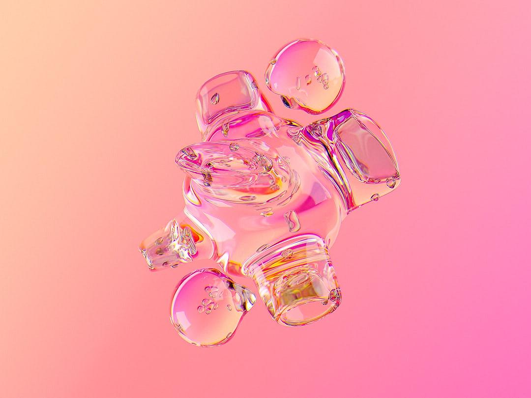 Cute glass shape with a pink gradient background floating in the air in the style of a cartoon. 3D rendering with a simple and clean solid color background in a top view. Created in C4D or Blender with OC renderer for high resolution photography. Super detailed and high quality high definition image.