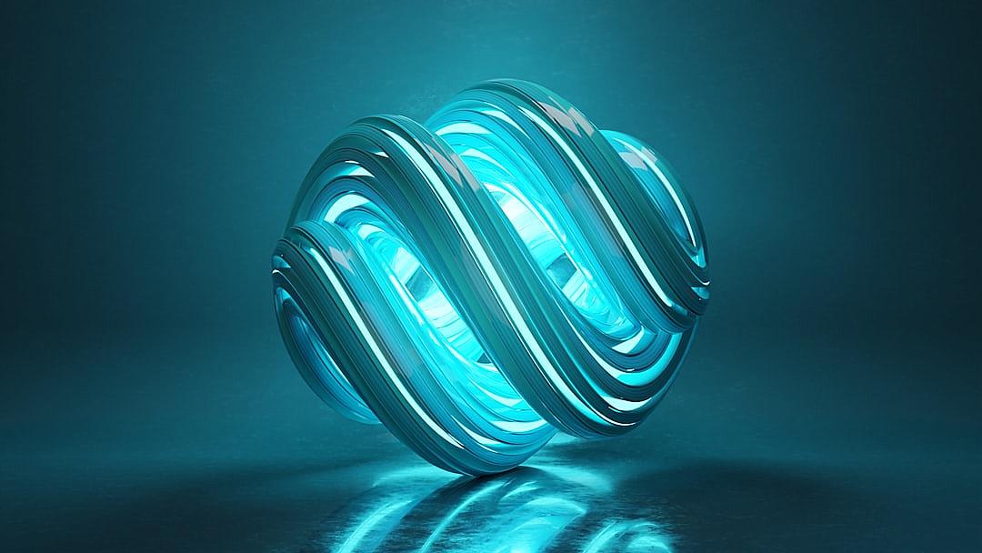 3d render of an abstract blue gradient sphere with swirling lines and glowing highlights, isolated on dark background, cinema4D, blender rendering, 8 k resolution, volumetric lighting, metallic sheen, light reflections, global illumination, soft focus,