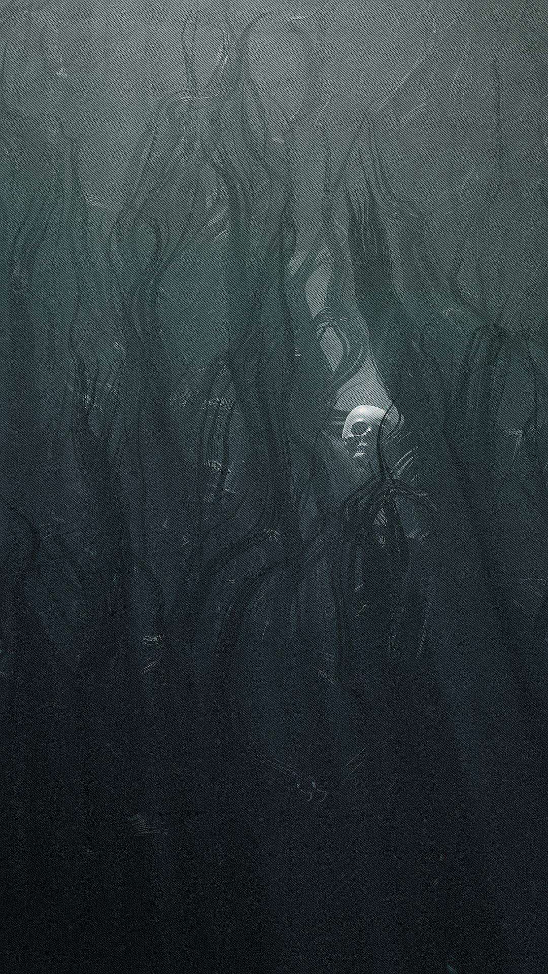 A dark and mysterious digital art piece depicting an underwater scene with a ghostly female figure made of wavy, organic shapes emerging from the depths. The atmosphere is eerie yet captivating, with deep shadows adding to its otherworldly cocoon-like appearance. This artwork conveys mystery and intrigue in the style of water’s blackest hour.