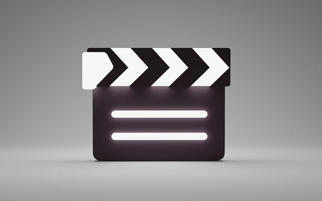 An icon of a clapperboard on a white background in the style of cinema clizona, rendered in Cinema 4D with Octane render, in the cinema light style on a dark grey background, with a hyper realistic, high resolution, cinematic logo design using simple 3D shapes and flat vector graphics in a minimalist, front view style.