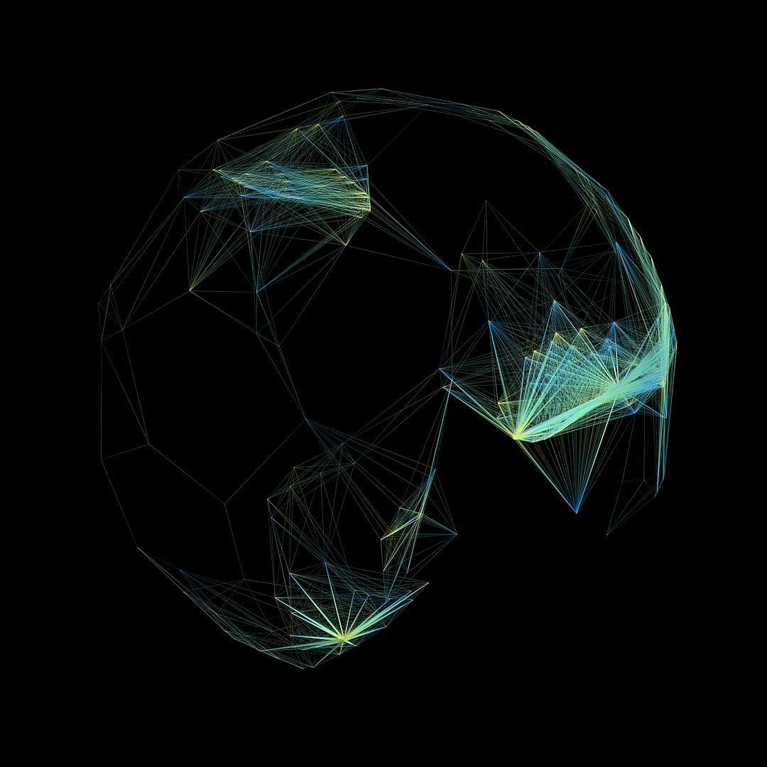 A digital illustration of an abstract soccer ball, composed entirely of glowing lines and shapes on a black background. The minimalistic design renders the football in shades of blue, green, yellow, and white, with some areas illuminated to give it depth and dimension against a solid dark backdrop. It has sharp edges and conveys movement as if being swirled by a strong wind.