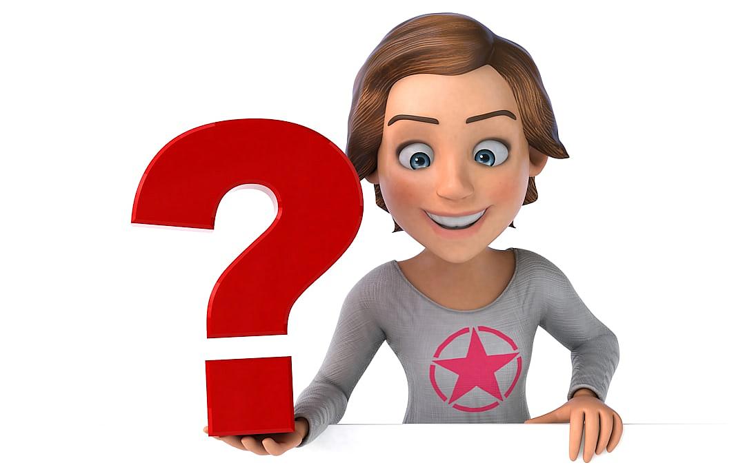 3D cartoon woman in a grey t-shirt with a red star logo leaning on a large question mark against a white background, in the style of Pixar.