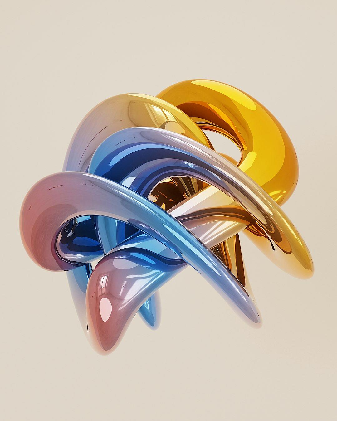 A colorful, abstract sculpture made of shiny metal that resembles intertwined rings and spirals. The colors include blue, yellow, pink, orange, red, purple, green, white, and gold. It is set against an isolated background with no shadows or reflections to emphasize the glossy texture and intricate design in the style of no particular artist.