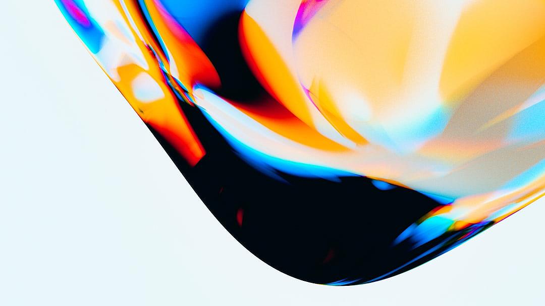 A closeup of the iPhone’s curved display, with colorful abstract patterns and shapes on white background, conveying a sense of modernity and technology. The focus is on capturing details like reflections off glass or light effects within the colors. The lighting should highlight the sleek design against a clean backdrop to emphasize its curves and vivid hues. This shot emphasizes both formative elements and coloration in an artistic manner.