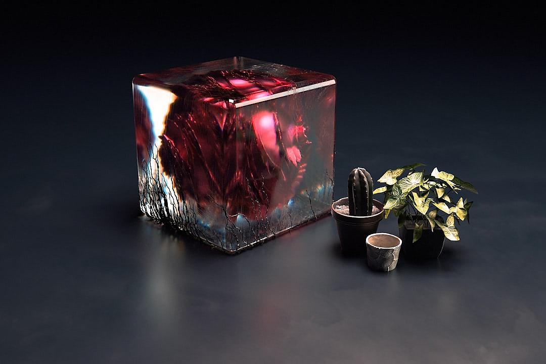 A rectangular ice cube with a dark red gradient inside, placed on the table next to some cacti and plants, illuminated by studio lighting, creating an overall black background. The photo was taken from three angles, with highdefinition photography, presenting a surreal scene.